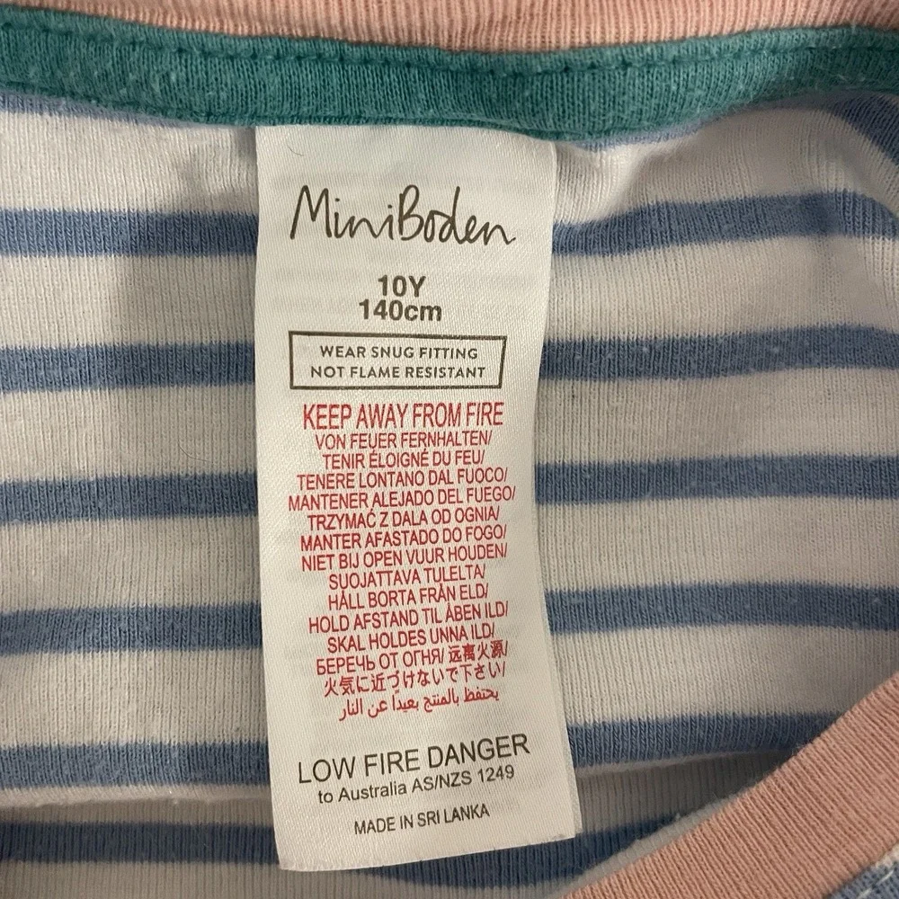 Mini Boden Pajama Top Shirt Girls 10 140cm Blue Striped Pink White Trim‎